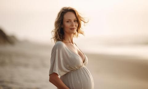 Mujer embarazada delante de la playa