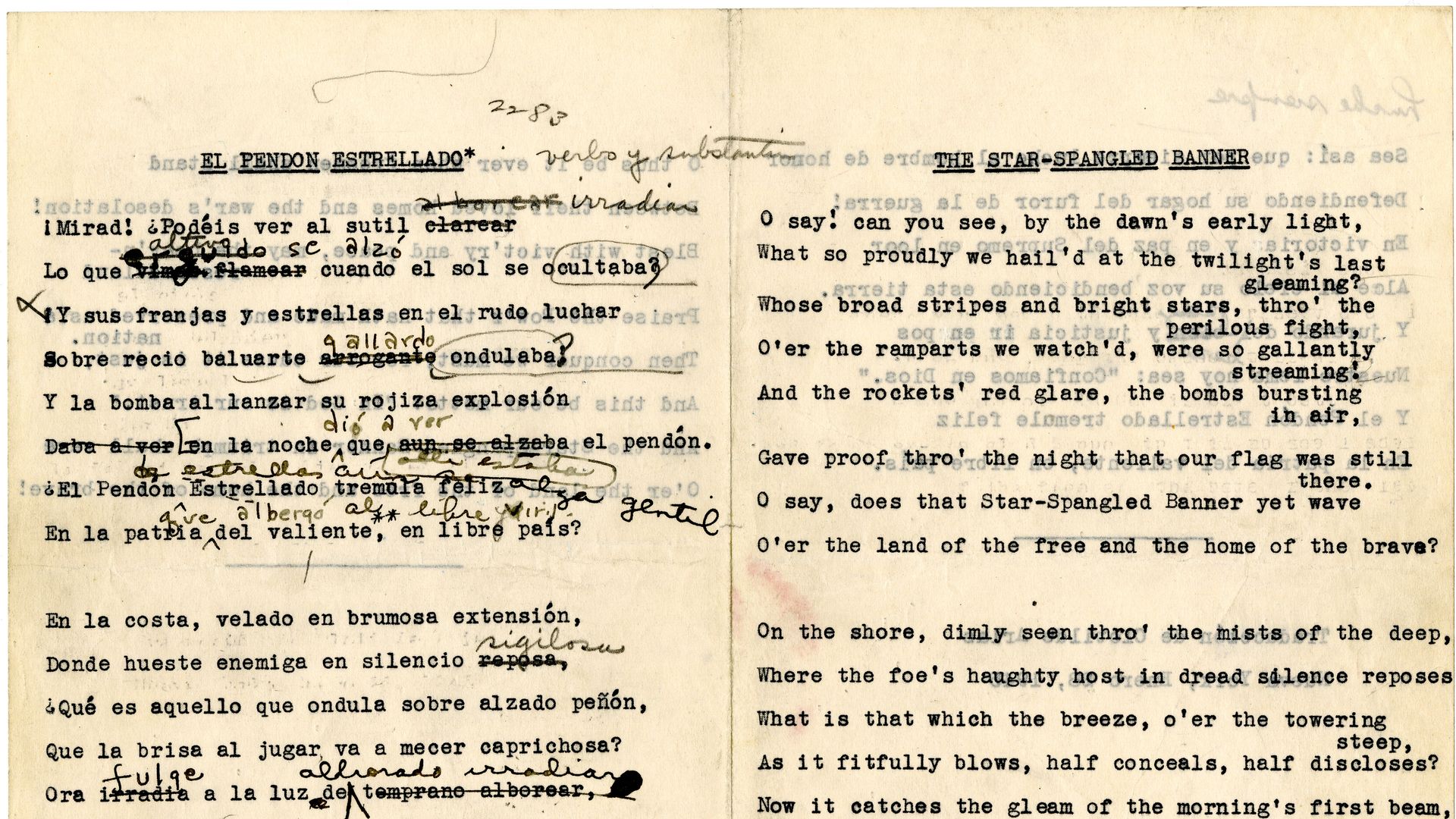 Traducción al español/inglés de "El Pendón..." con anotaciones, anverso, sin fecha. Crédito de la fotografía: Museo Nacional de Historia de Estados Unidos, de la exposición 'Not Lost in Translation: The Life of Clotilde Arias'.