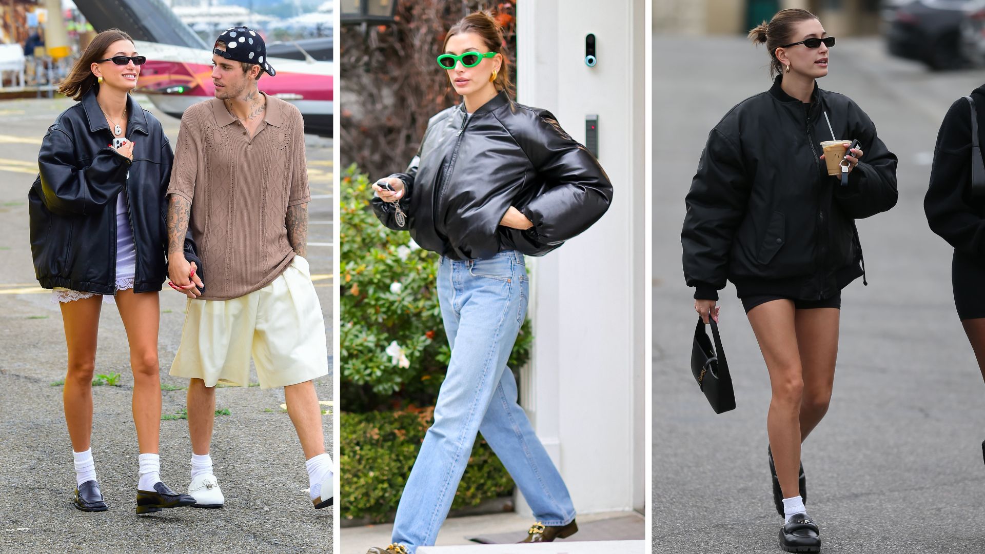 10 maneras de lucir la 'bomber jacket' de cuero al estilo de Hailey Bieber