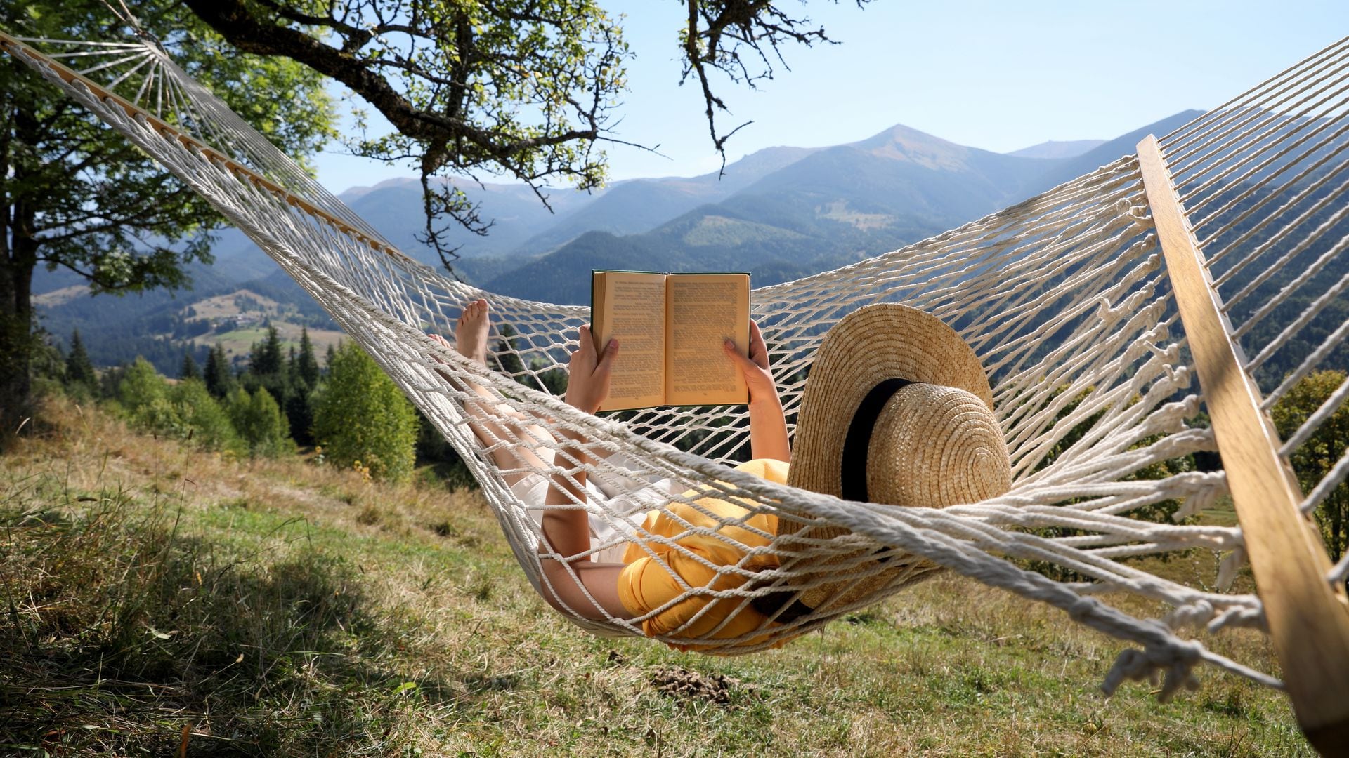 mujer en una hamaca en medio de la naturaleza leyendo un libro