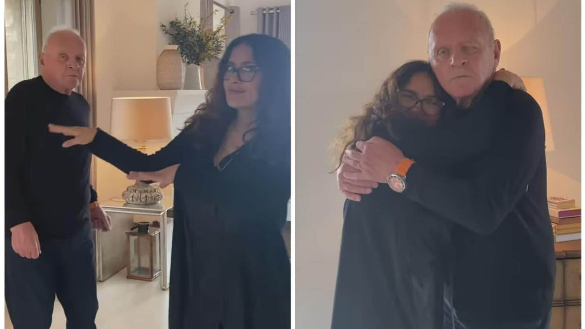 Anthony Hopkins celebra su Oscar al lado de Salma Hayek con todo y un bailecito