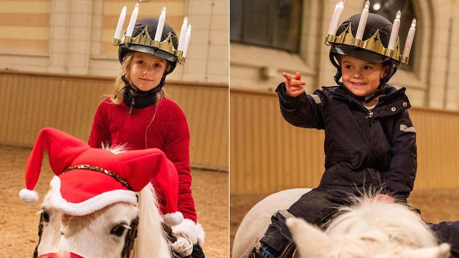 Con corona de velas y a caballo, Estelle y un risueño Oscar de Suecia se preparan para la Navidad