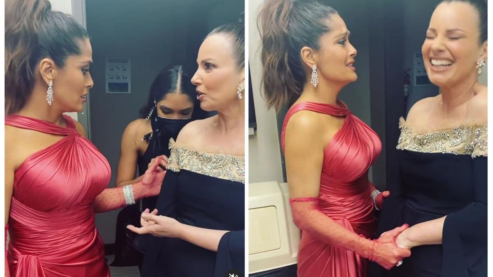 ¡Oh, no! El guante de Salma Hayek quedó enganchado al vestido de la ‘Nana Fine’