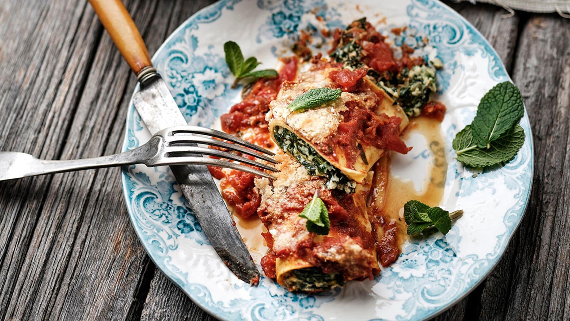 canelones de queso fresco de cabra con acelgas y menta