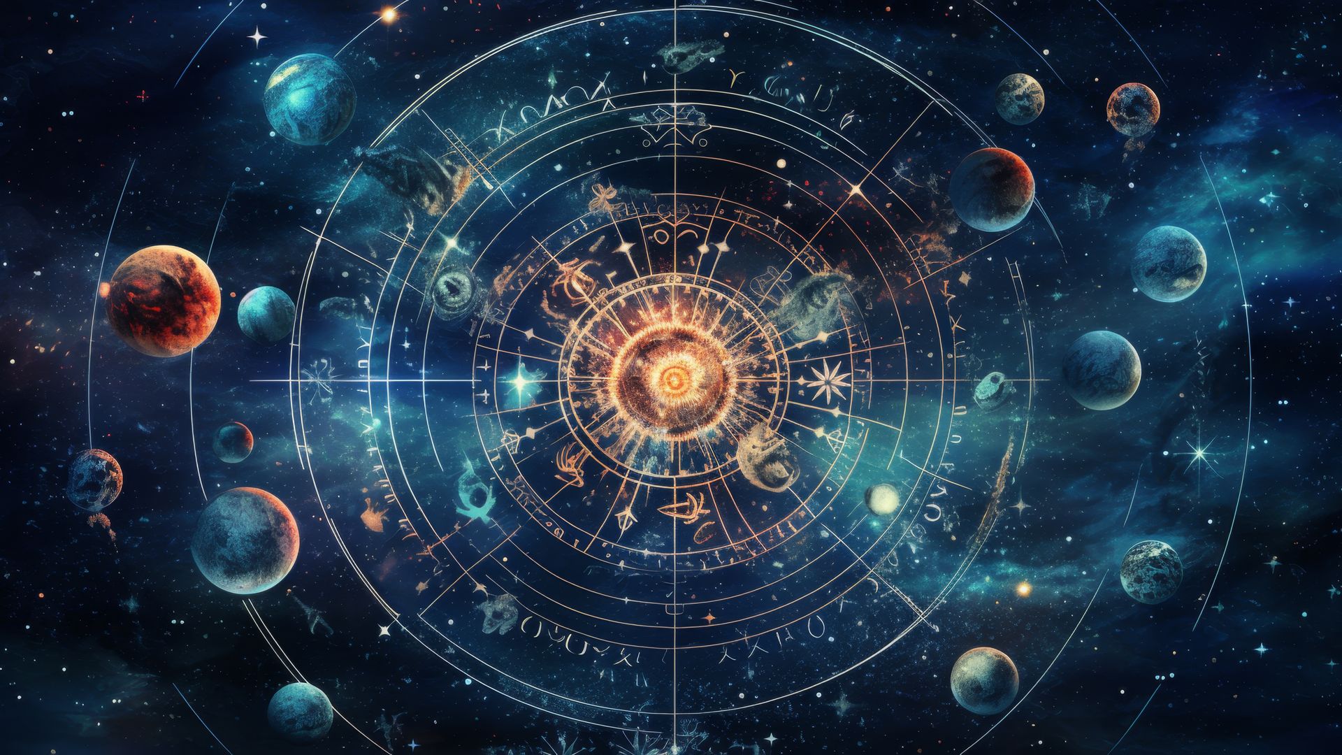 Carta astrológica del zodíaco con planetas en el espacio exterior. Ilustración digital con constelaciones brillantes y símbolos del zodíaco. 