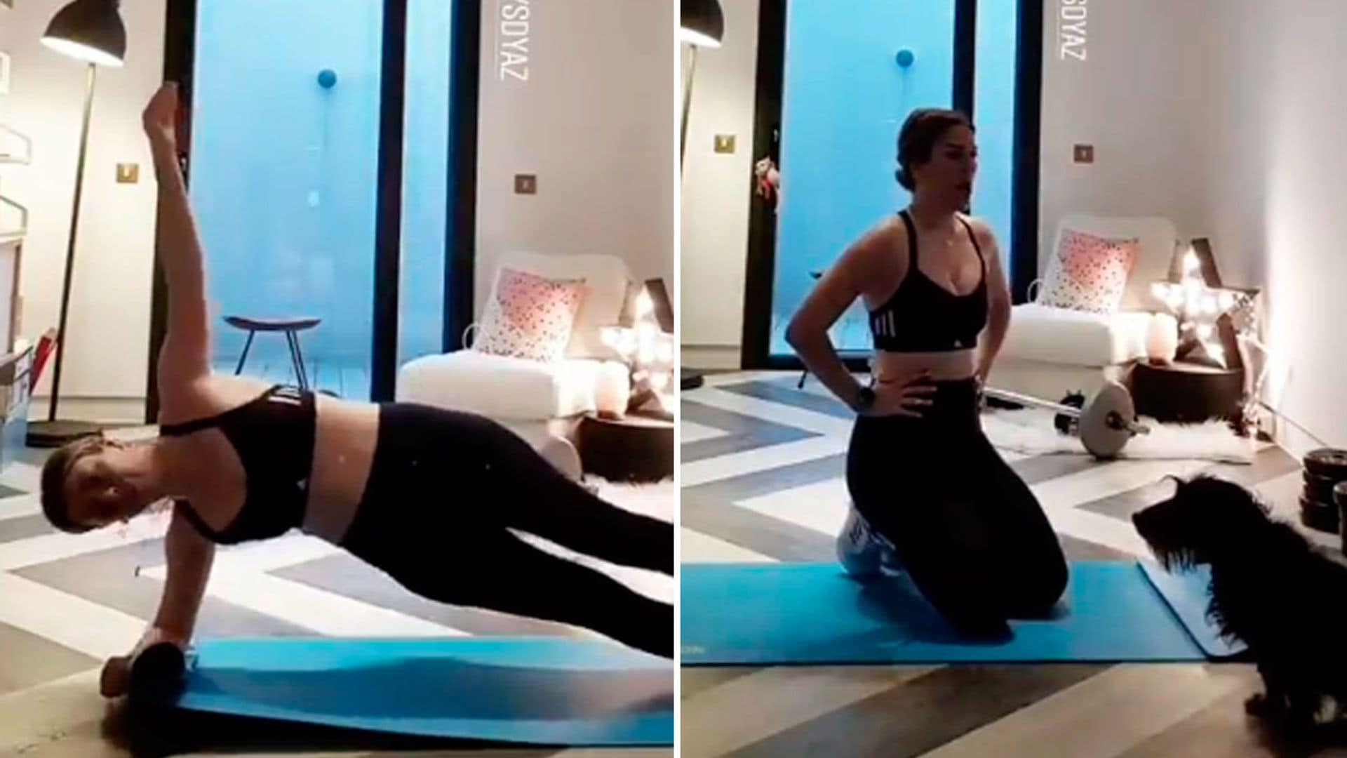 El completo entrenamiento de Blanca Suárez en su casa, con mucha energía ¡y con su perro!