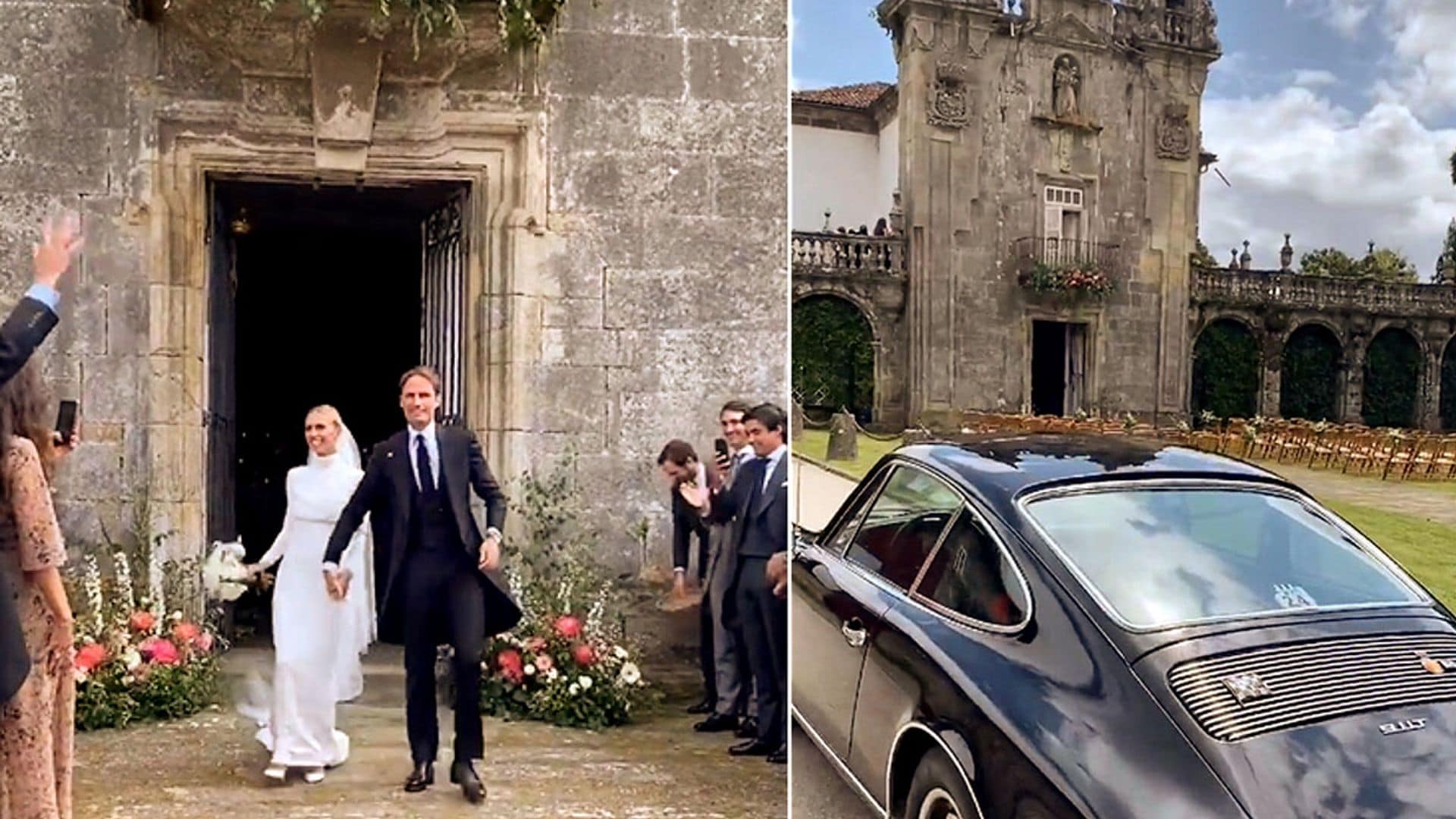 El espectacular coche de los novios, la banda de gaiteros y todos los detalles de la boda de Lucía Bárcena y Marco Juncadella