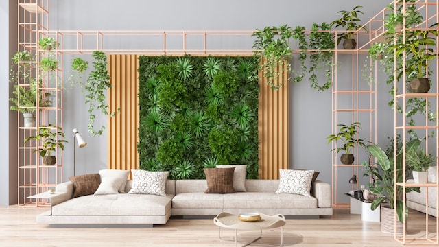 Sala de estar verde con jardín vertical, plantas de interior, sofá color beige y suelo de parquet