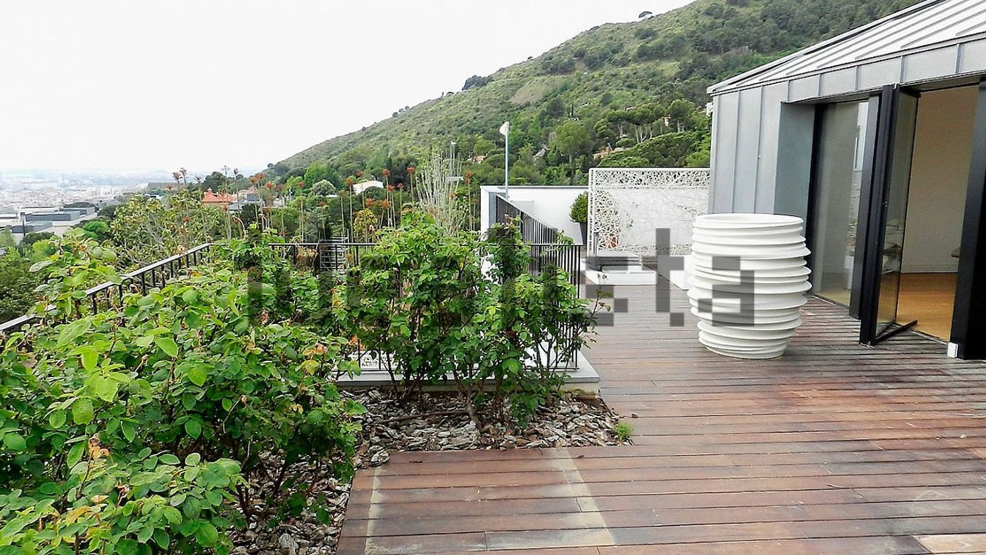 Terraza con suelo de madera, maceteros grandes y plantas 