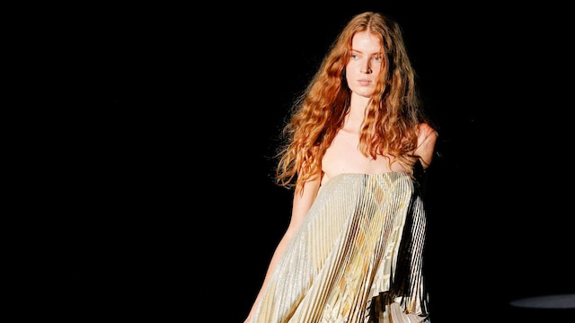 A model wears at collection runway a creation from "Yolancris during Pasarela Cibeles Mercedes-Benz Fashion Week Madrid 2024 in Madrid, on Saturday, 14 September 2024.