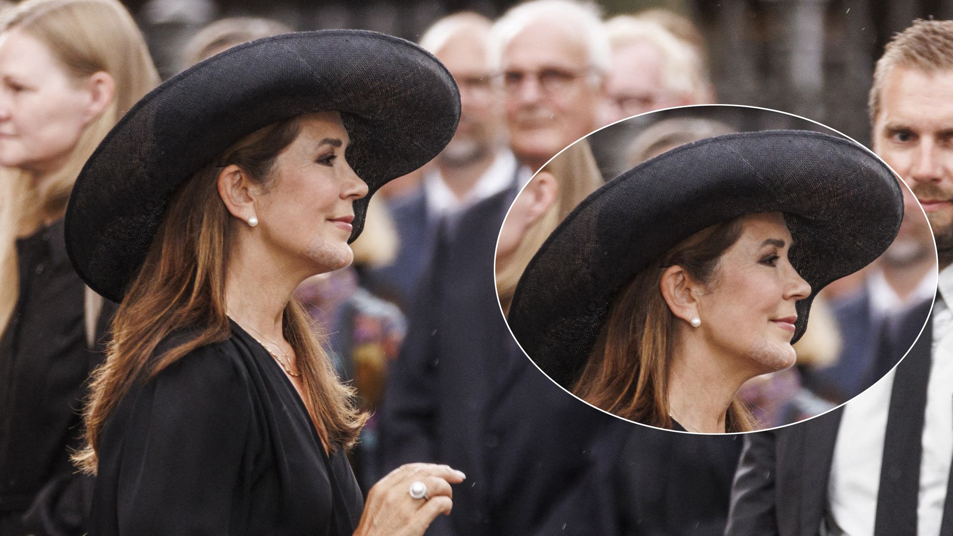 La reina Mary de Dinamarca en el funeral de Per Thornit en Copenhague, agosto 2024