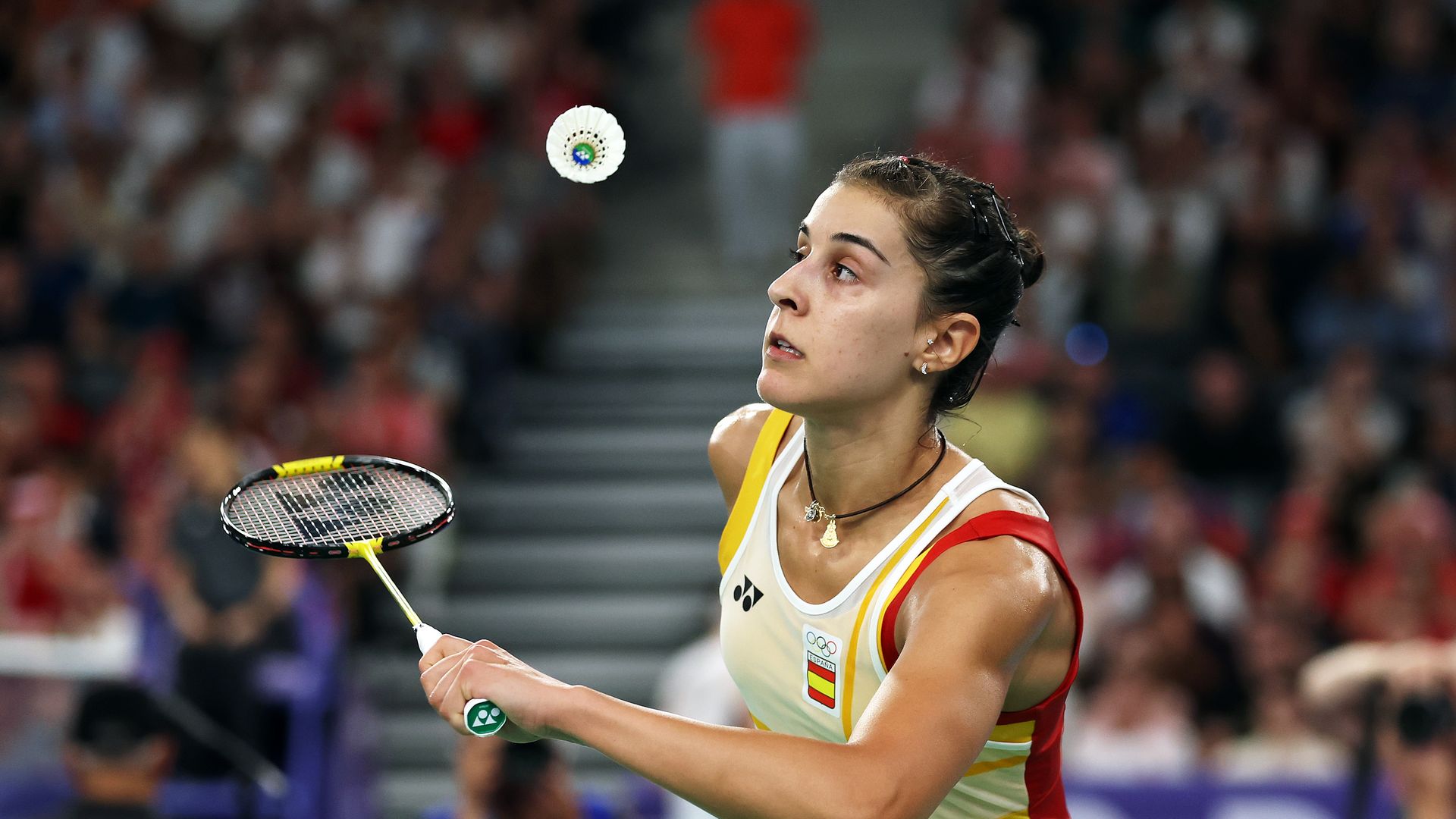 La jugadora española de badminton Carolina Marín, durante un partido en los Juegos Olímpicos de París 2024