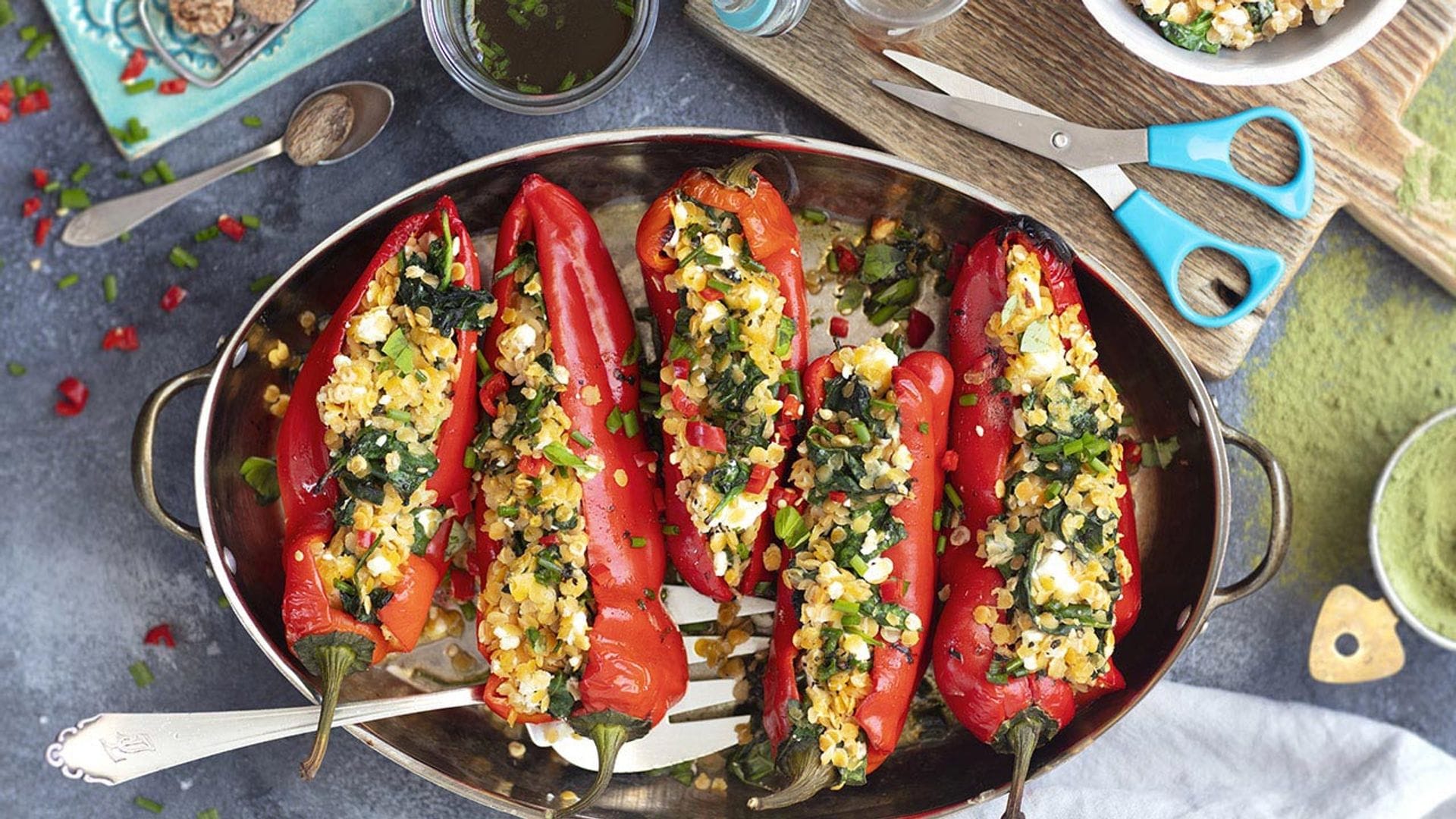 Pimientos rellenos de lentejas y espinacas