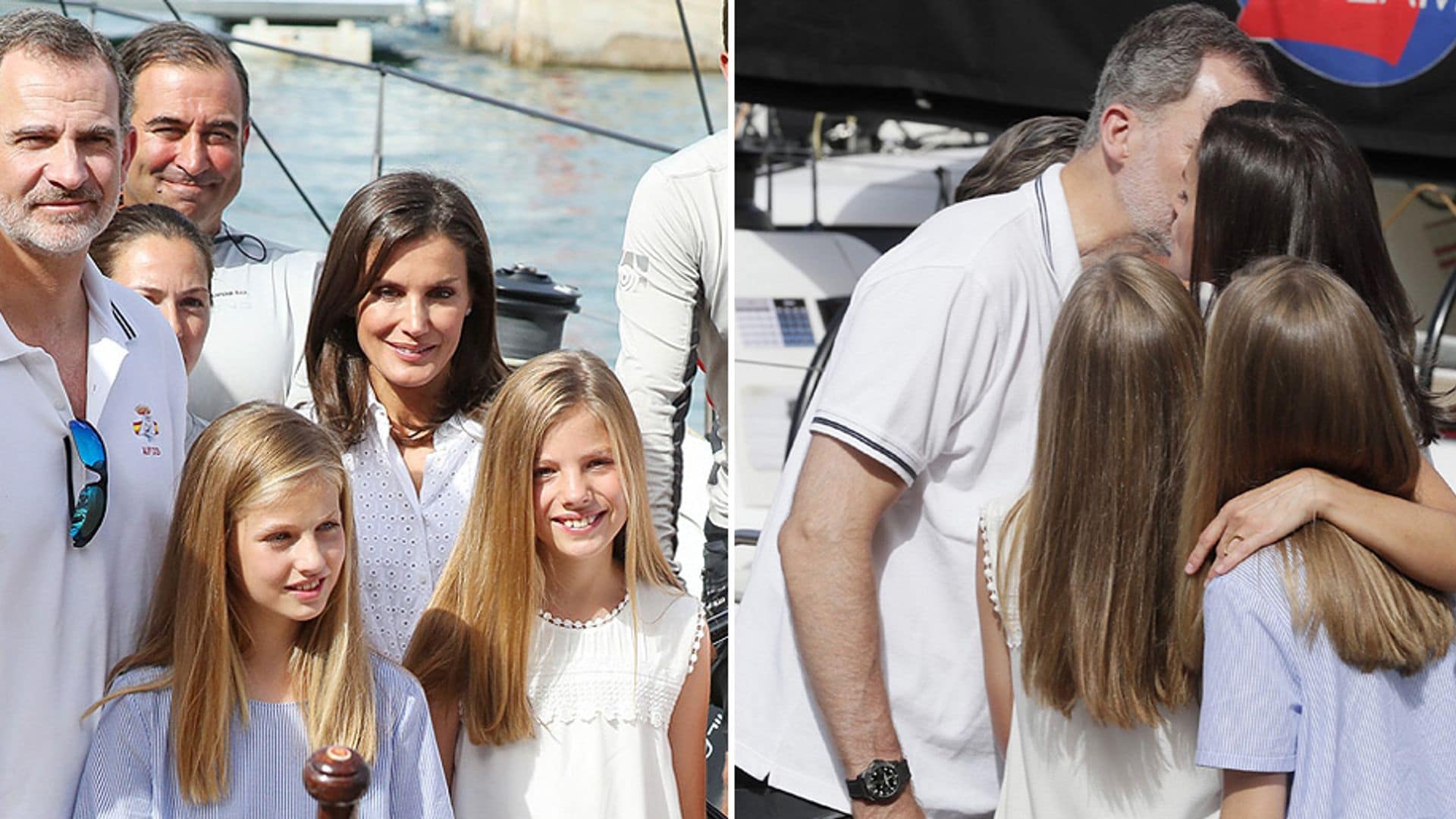 La reina Letizia y sus hijas llenan de besos al rey Felipe VI al iniciar sus vacaciones en Mallorca