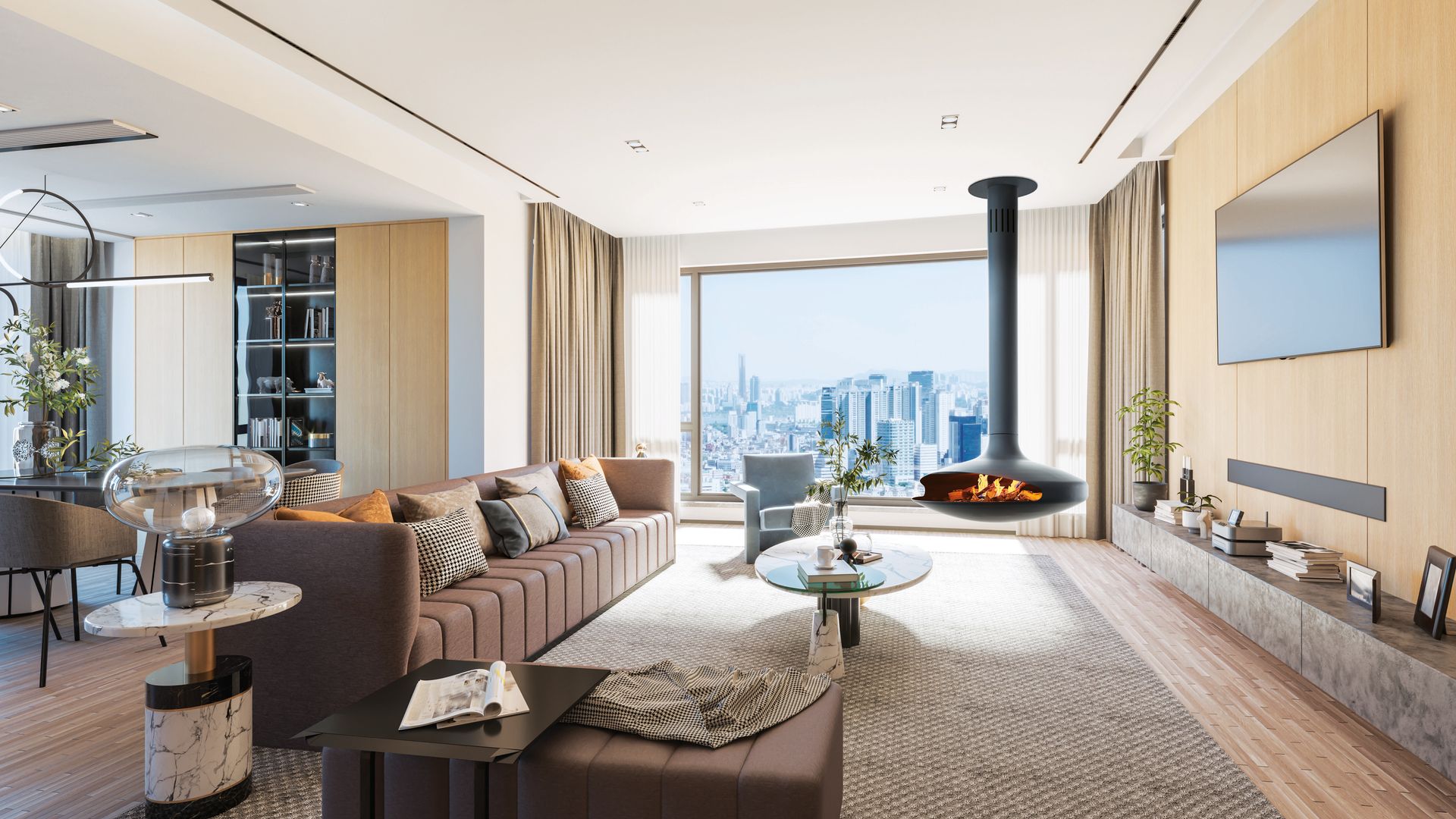 Salón comedor con chimenea moderna colgada en la pared y sofá de cuero