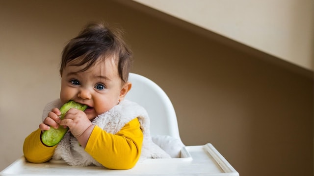 beb comiendo alimento s lido sentado en la trona