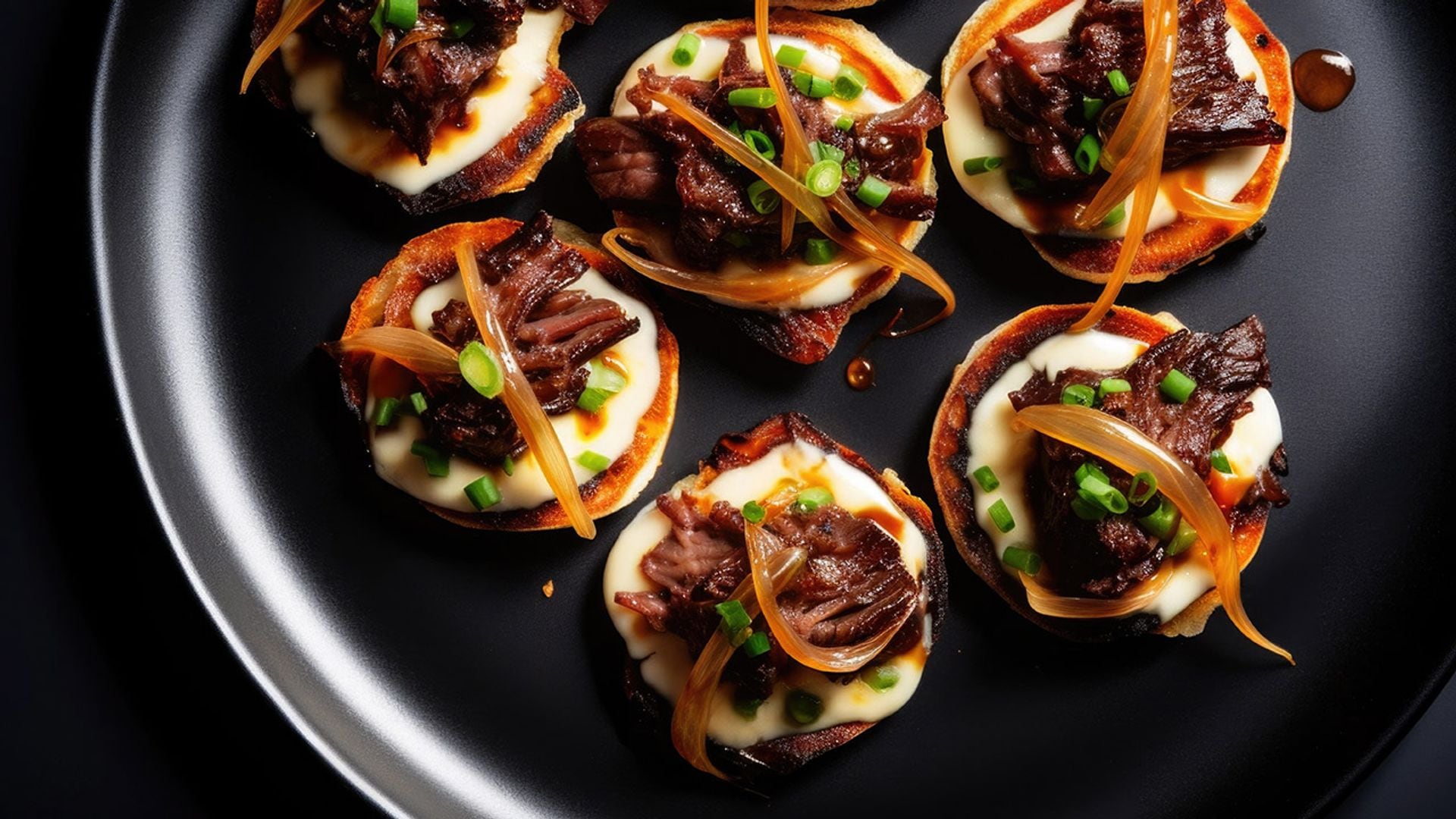 Canapés de ternera desmechada con queso y cebolla caramelizada