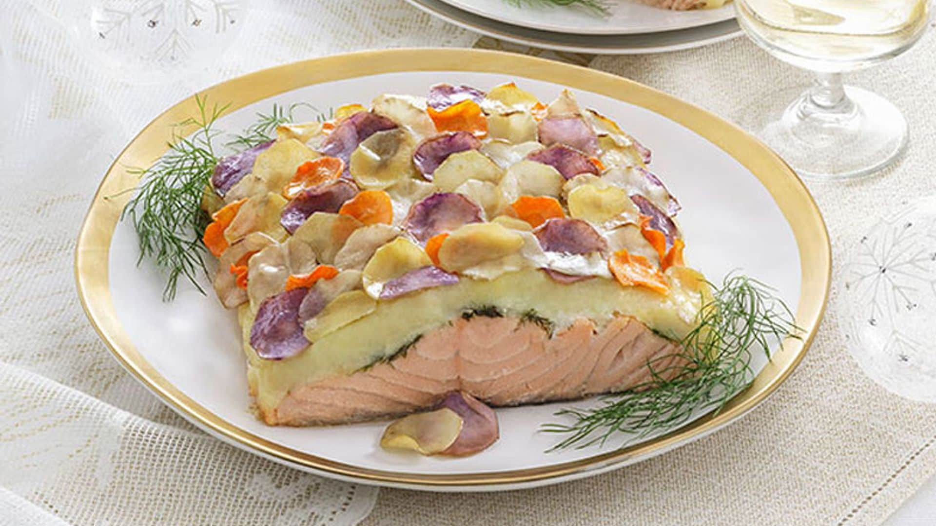 Salmón con gratín de patata y coliflor