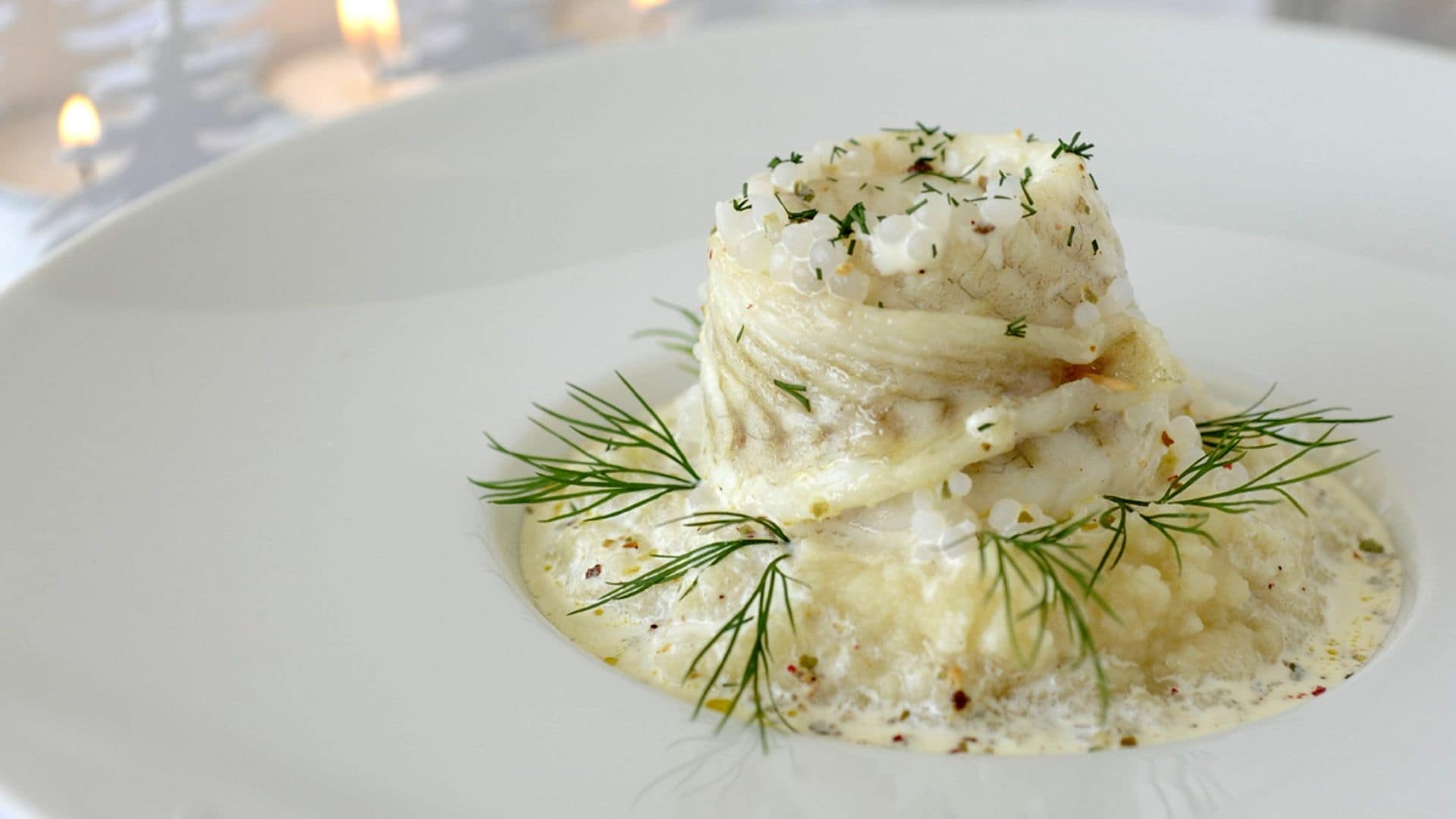 Lenguado relleno de crema de puerros con perlas de tapioca