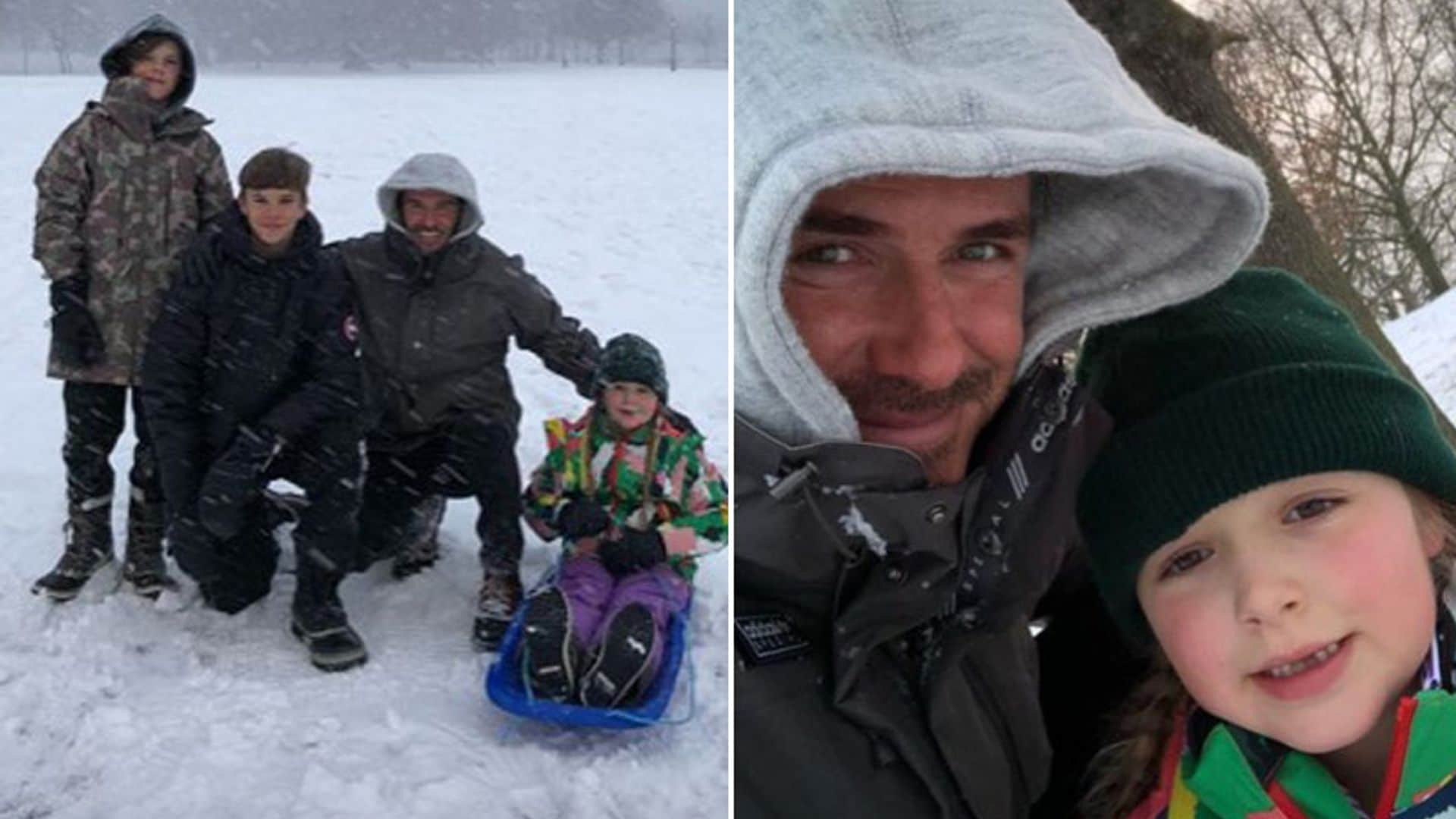 Trineos, ángeles de nieve... Los Beckham, diversión bajo cero