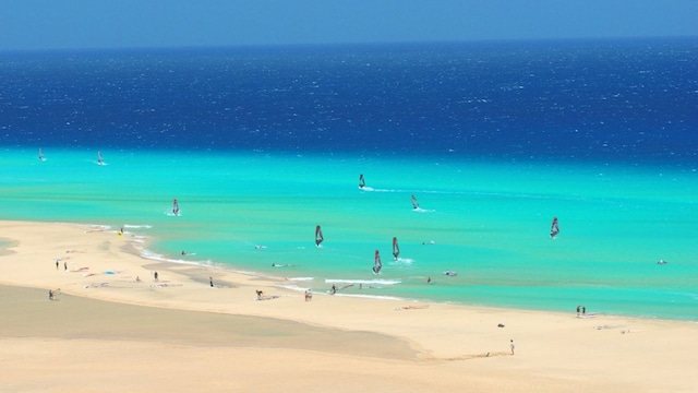 practicando windsurf en las playas de fuerteventura