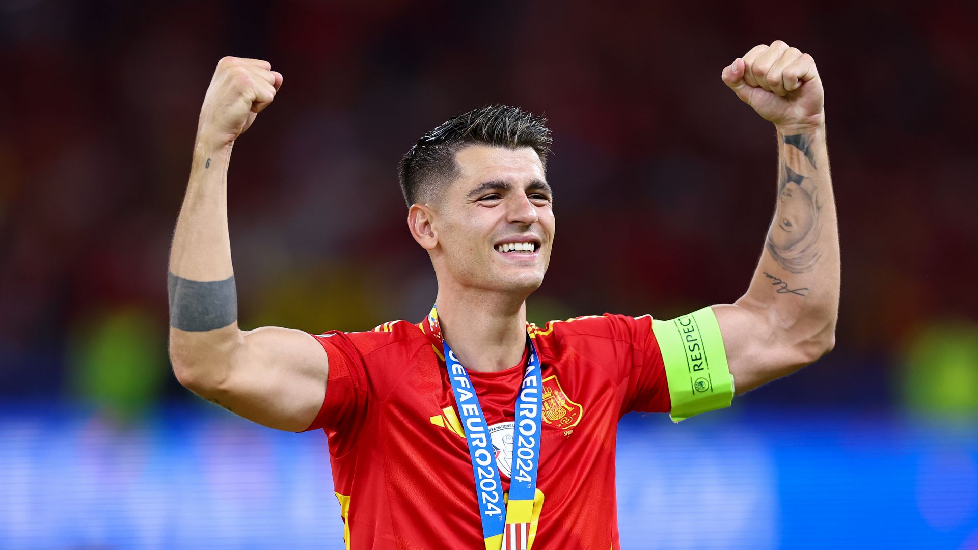 Álvaro Morata celebra la victoria de España ante Inglaterra en la Eurocopa, 14 de julio de 2024, en Berlín  