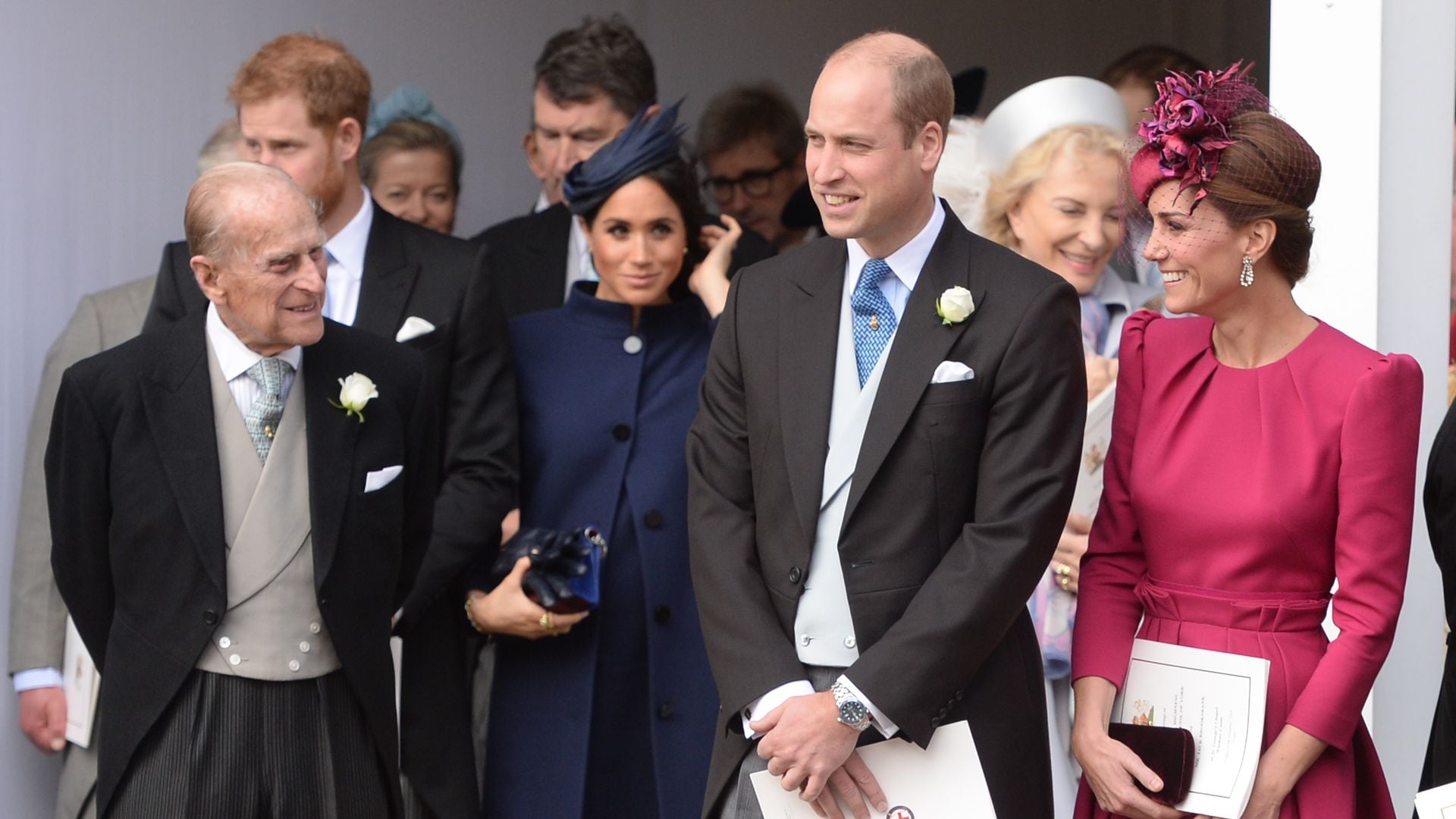 Duque de Edinburgo, Meghan Markle, príncipe Harry, príncipe Guillermo y Kate Middleton en la boda de Eugenia de York