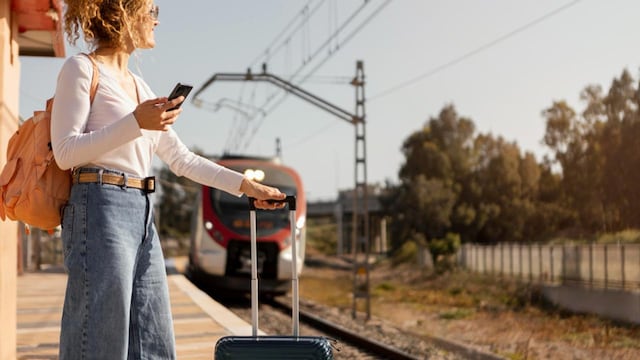 mujer tiro medio viajando tren