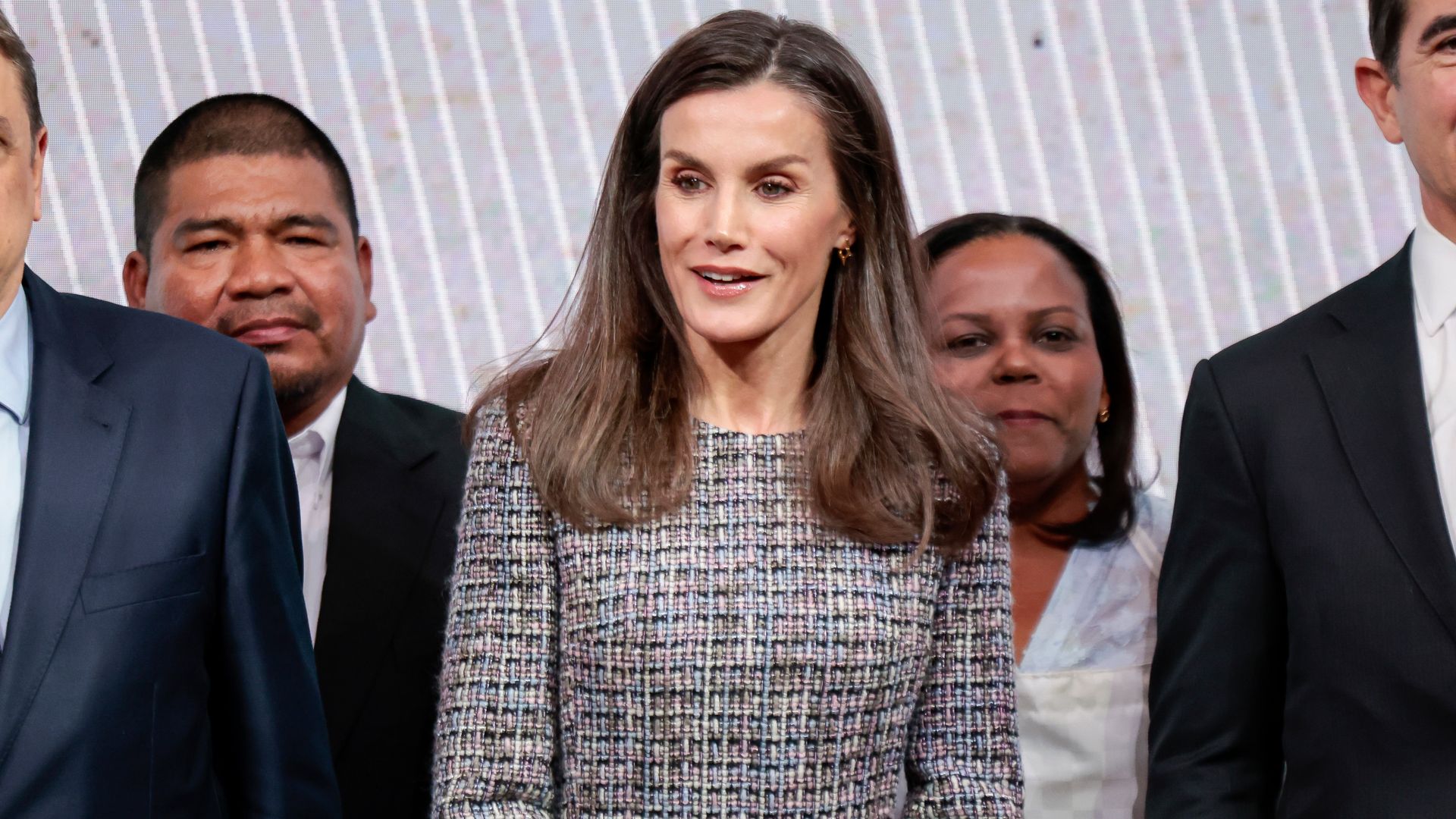 La reina Letizia recicla un enigmático vestido de 'tweed' para una fría tarde en Madrid