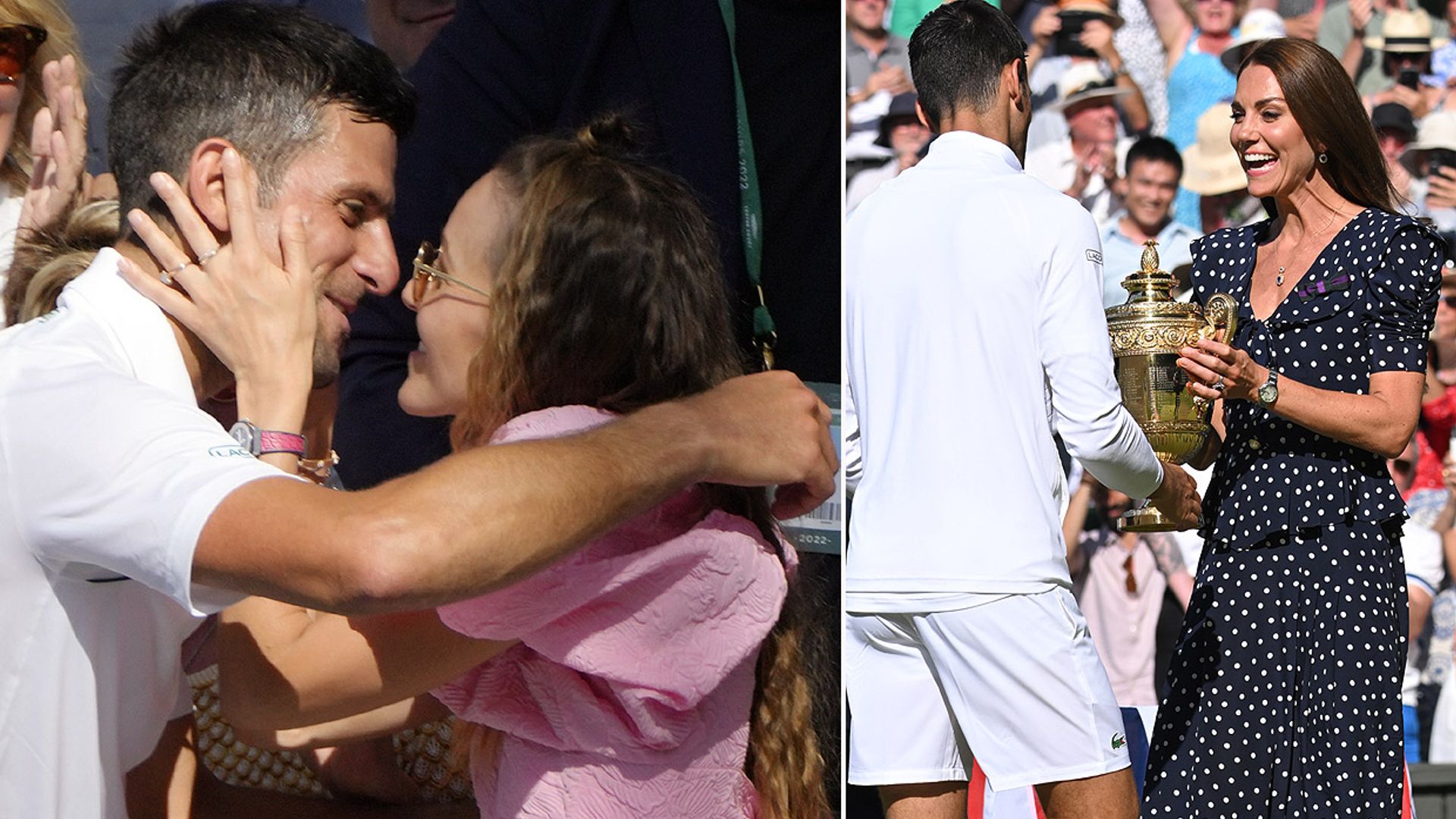 Kate Middleton entrega el trofeo a Djokovic, rey de Wimbledon, que recibe el abrazo de su mujer