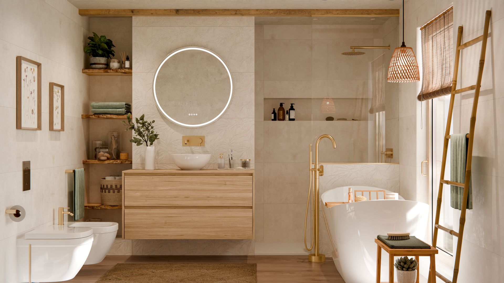 Baño con porcelánico efecto mármol en la pared, bañera exenta, espejo redondo retroiluminado sanitario y bidé, mueble bajolavabo de madera