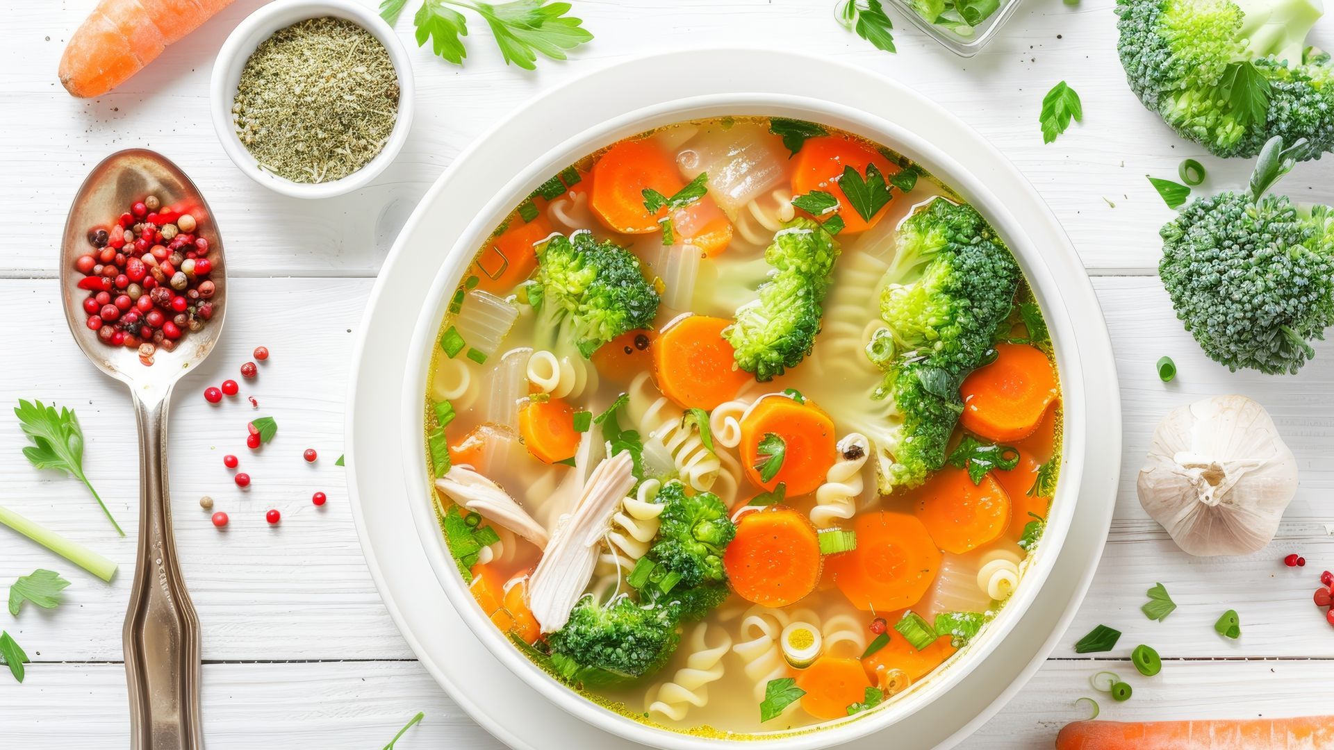 Sopa de pollo, pasta y verduras, receta reconstituyente