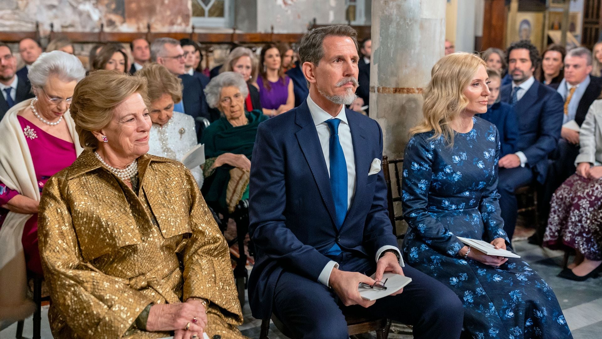 La reina Ana María, Pablo de Grecia y Marie-Chantal durante la ceremonia