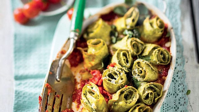 alcachofas pasta rellena albahaca ricotta