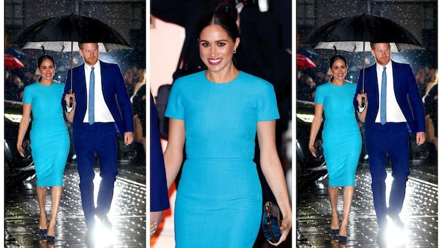 collage de meghan markle con vestido turquesa de victoria beckham