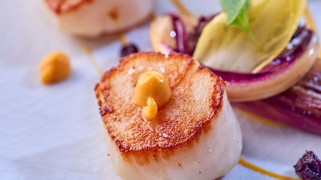 vieiras a la plancha con endibias y crema de su coral