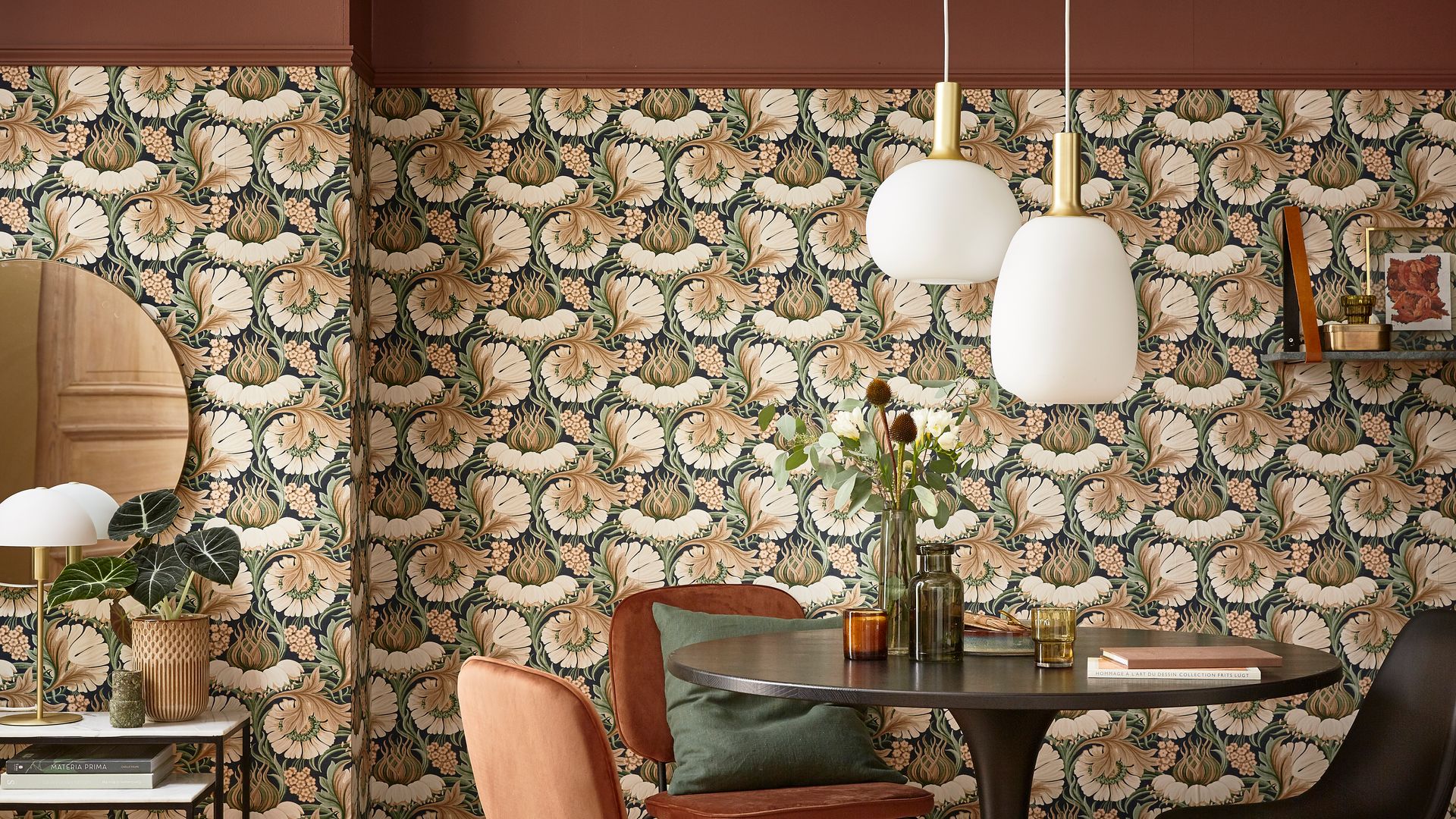 Dining room decorated with seventies-inspired floral wallpaper