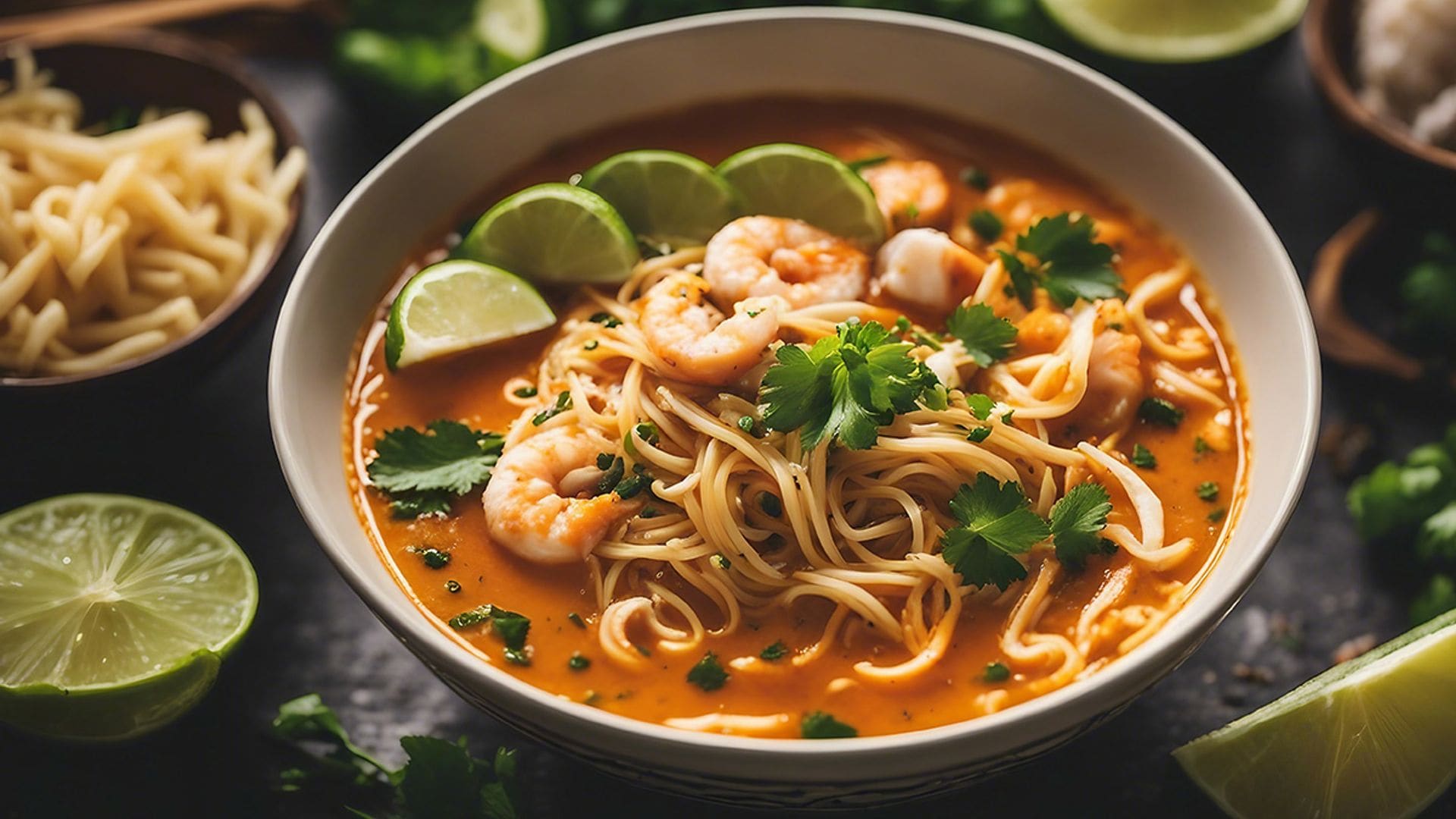 Sopa de leche de coco con pasta y gambas