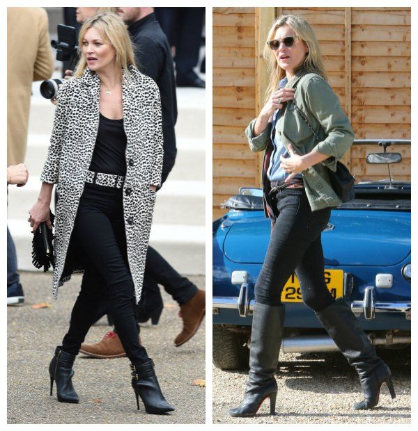 Kate Moss se apunta a la doble tendencia de las botas, con estas de caña amplia que llegan a la rodilla...
