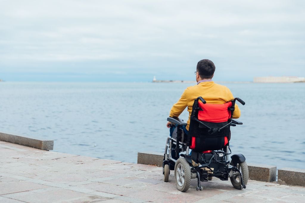 persona con discapacidad, en silla de ruedas, mirando al mar