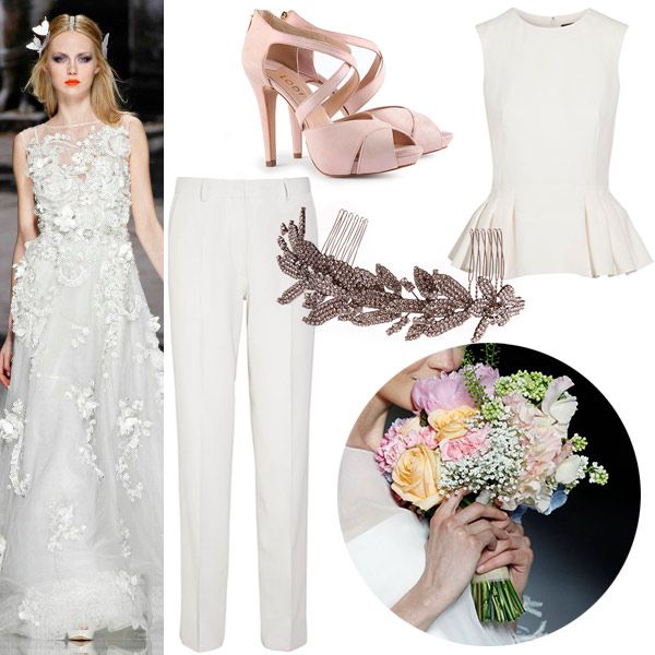 NOVIAS CON DOS 'LOOKS'. Vestido principal de la colección 2015 de YolanCris. Doble look con top de crepe de Alexander McQueen; pantalones blancos de lana de pata amplia de Victoria Beckham; sandalia peep toe con tiras cruzadas de Lodi; horquilla con hojitas de cristales de Jennifer Behr; y ramo de flores con rosas en color vainilla y blush, visto en un desfile de Pronovias.
