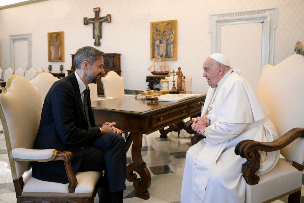 VATICAN CITY, VATICAN - JANUARY 16:  (EDITOR NOTE: STRICTLY EDITORIAL USE ONLY - NO MERCHANDISING). Pope Francis meets with President of the International Fund of Agricultural Development (IFAD) Alvaro Lario during an audience at the Apostolic Palace on January 16, 2025 in Vatican City, Vatican. (Photo by Vatican Media via Vatican Pool/Getty Images)