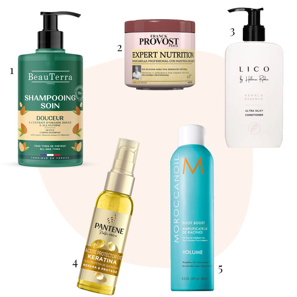 1) 'Champú Soin Douceur', BeauTerra / 2) Mascarilla 'Expert Nutrition', Franck Provost / 3) 'Conditioner Kerala Essence', LICO / 4) 'Aceite protector de queratina', Pantene / 5) 'Voluminizador de raíces', Moroccanoil