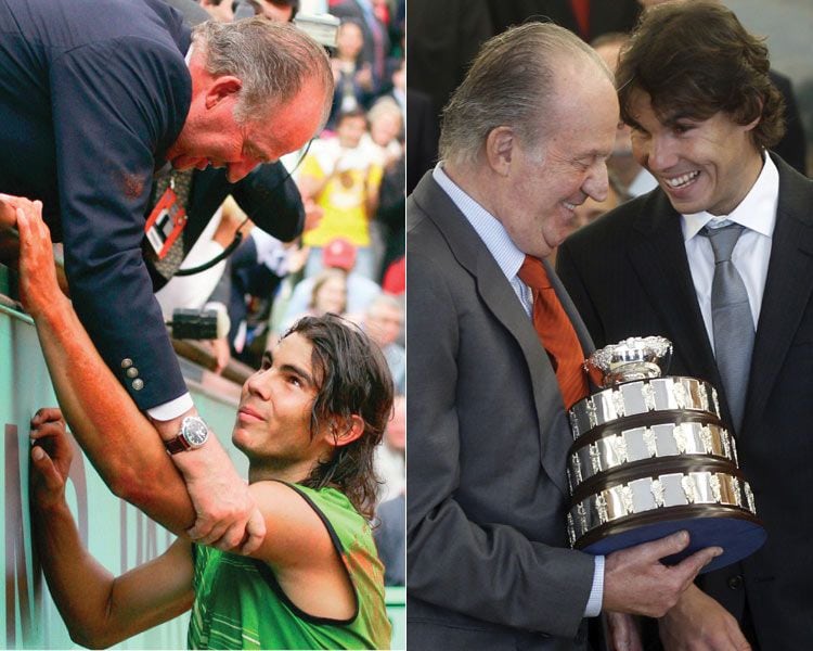 Don Juan Carlos felicita al tenista tras ganar la final de Roland Garros en el año 2005
