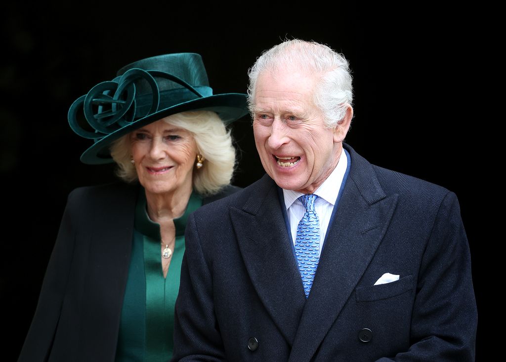 WINDSOR, ENGLAND - MARCH 31: Queen Camilla and King Charles III depart from the Easter Mattins Service at Windsor Castle on March 31, 2024 in Windsor, England. (Photo by Chris Jackson/Getty Images)