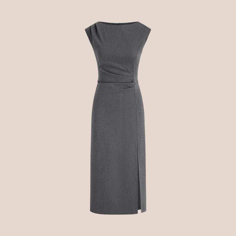 vestido columna gris drapeado