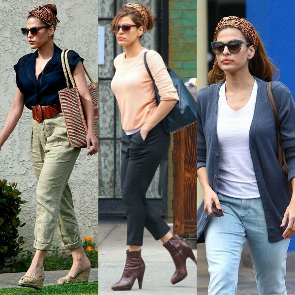 Eva Mendes y todas las maneras posibles de llevar un pañuelo con estampado animal: con moño, con coleta y flequillo, y con pelo suelto.
