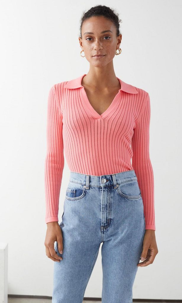 ribbed v neck polo knit top de amp other stories