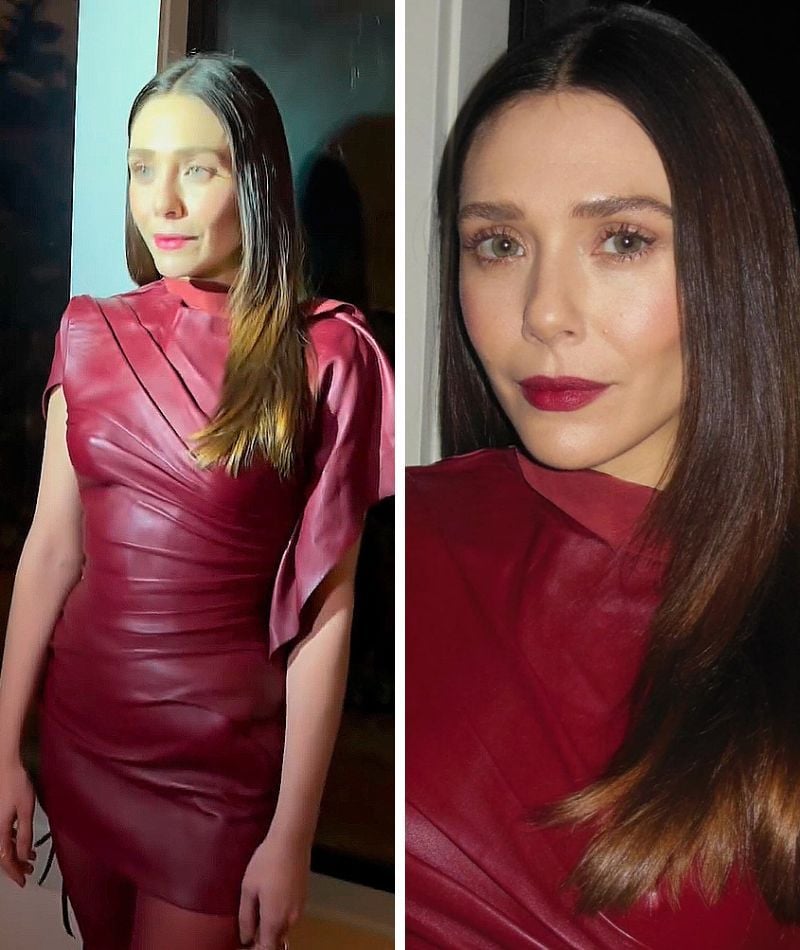 Elizabeth Olsen con vestido burdeos de Mugler