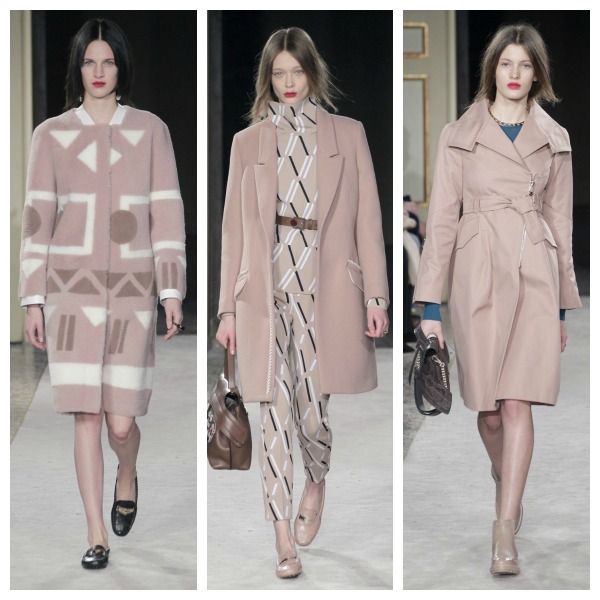 Abrigos de la actual colección otoño-invierno 2015-2016 de TOD's, que apuesta por el total look en rosa de la prenda exterior, ya sea un trench o o un abrigo de paño a la rodilla, a veces también combinado con los botines y los zapatos naúticos, o como en el look central, con un conjunto de falda y pantalón en un color similar, con detalles geométricos en blanco y negro.
